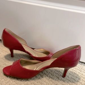 Low heel, red, open toe shoes. Size 9.